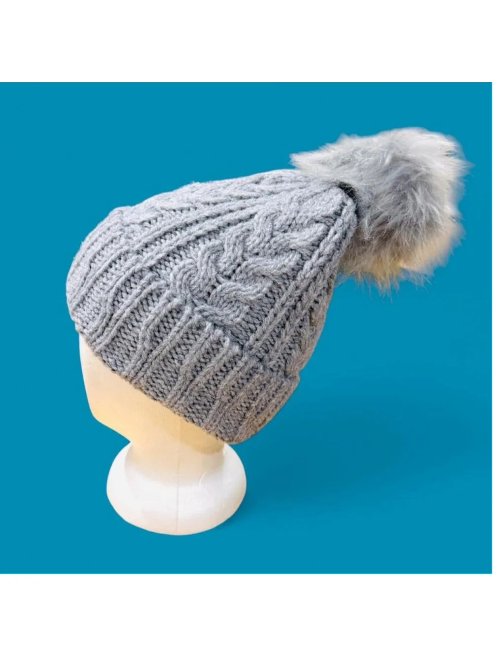 CC & Time and Tru Cable Knit Beanie Bundle Faux Fur Pom Hats Brown Gray OS